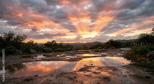 Dramatic Sunset Light Shafts Piercing Broken Clouds after Rain