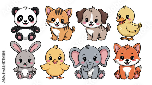 Cute Cartoon Animals Ensemble: A delightful assortment of cuddly cartoon animals, each with unique features, grouped together to evoke warmth and joy.