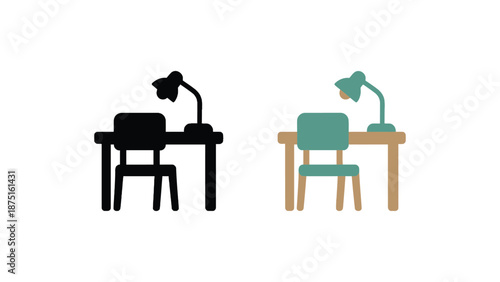 A simple graphic illustration of two desks with lamps and chairs