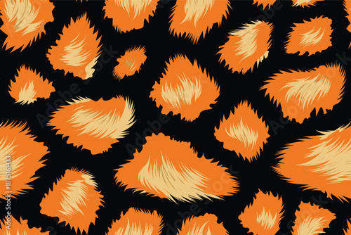 Vibrant African leopard print pattern featuring animal fur and skin in an abstract design on a black background