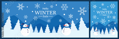 Winter landscape banner and card vector set with a friendly snowman in snowy forest. Beautiful seasonal background featuring pine tree and falling snowflake for holiday greeting and winter marketing.