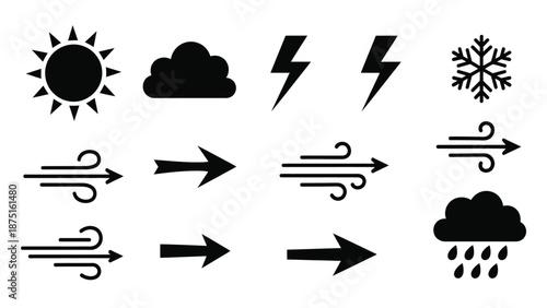 Weather forecast icons set with various symbols and wind directions