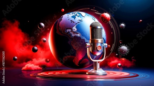 A microphone with a globe in the middle of a red and blue background