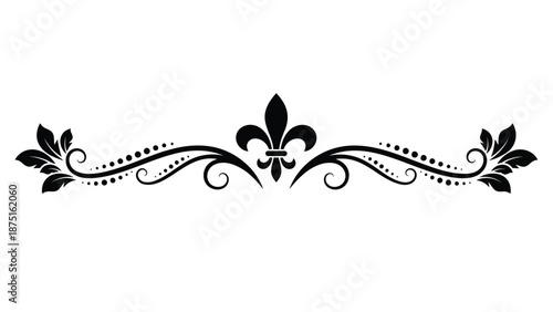 Elegant black fleur de lis design element with leaves and swirling lines on white background for decorative border or frame