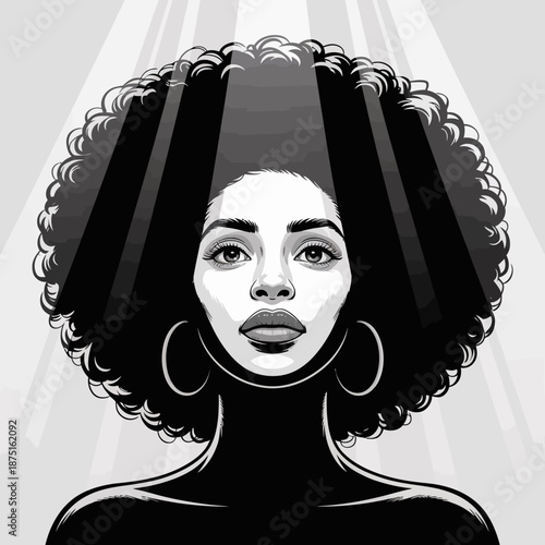 This striking black and white portrait features a woman with beautiful curly hair, showcasing strength and elegance, highlighted by dramatic lighting to enhance her features.