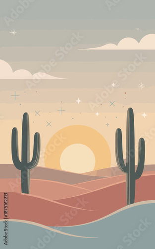 This tranquil desert scene showcases majestic cacti with a breathtaking sunrise, enveloping the landscape in warm hues that evoke feelings of peace and solitude.