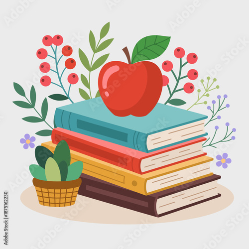 An artistic representation of stacked books adorned with an apple and surrounded by plants, symbolizing knowledge, education, and nature in a cozy environment.