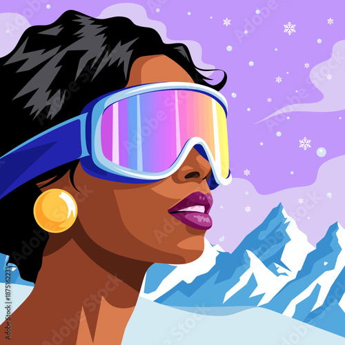 This striking portrait features a fashionable skier with vibrant, reflective goggles set against a backdrop of picturesque snowy mountains, conveying adventure and style.