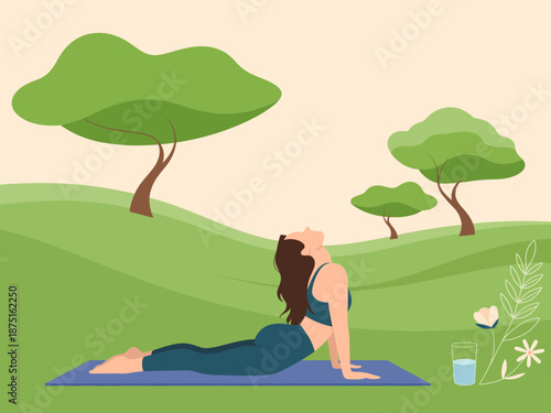 This serene image features a woman practicing yoga in a tranquil outdoor setting, surrounded by lush greenery, symbolizing wellness and mindfulness in nature.