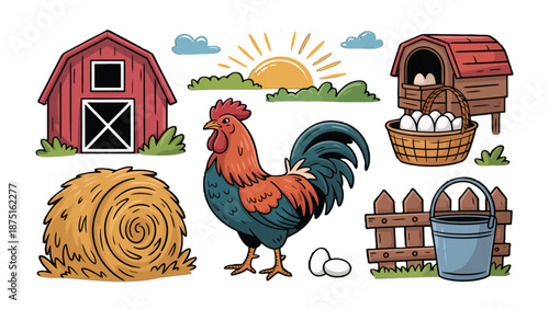 Farm Life Illustration: A vibrant illustration showcasing the simplicity of farm life. The rooster stands proud amidst the elements, epitomizing the idyllic charm of rural living.