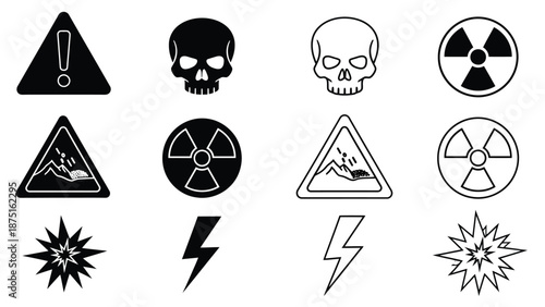 collection of warning and hazardous material icons in black and white