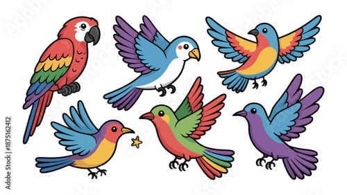 Colorful Aviary of Avian Wonders: A vibrant ensemble of various illustrated birds soars in a cheerful display, each feathered friend showcasing a unique palette of colors.