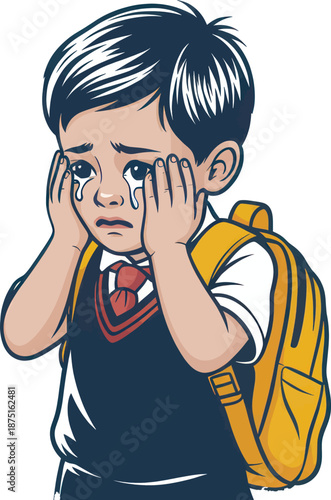Sad schoolboy wearing a uniform and yellow backpack cries intensely while holding his face in distress after a difficult day at school.
