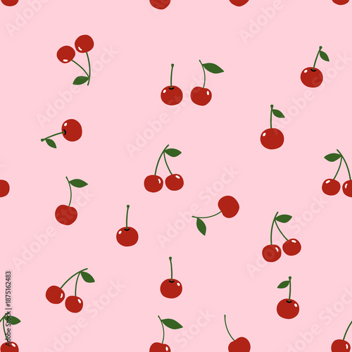 Seamless red cherry fruit with green leaves pattern on pink background for seasonal fashion and sweet lifestyle design