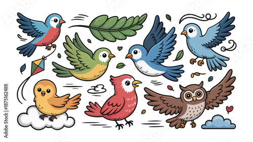 Colorful Bird Collection: A charming collection of vibrant birds, each a unique representation of feathered beauty. These cute illustrations bring a burst of color and life.