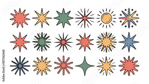 Celestial Mosaic: A vibrant array of starbursts and celestial symbols arranged to evoke a sense of wonder and cosmic energy.