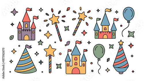 Whimsical Celebration Elements: A collection of charming cartoon illustrations, featuring castles, magical wands, festive hats, and floating balloons, evoking a sense of fun and enchantment. 