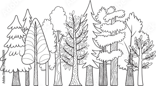 Dense grouping of various tall forest trees shown in a simple, stylized black and white line art composition suggesting a natural woodland environment.