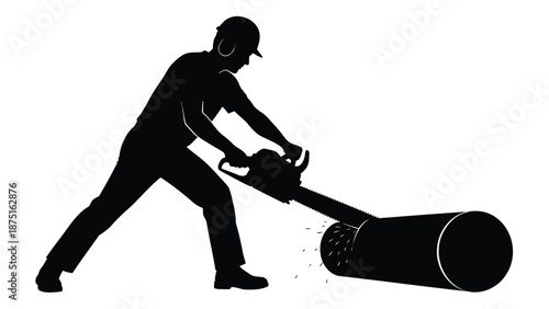 Man in hard hat and protective gear using chainsaw to cut through large log, dynamic action pose, industrial work scene, silhouette style
