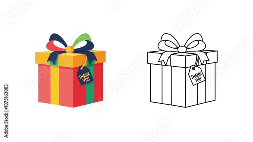 a colorful wrapped gift and a line drawing of a gift box