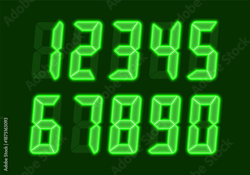 Digital glowing numbers. Green LCD figures for a electronic devices, clocks, calculators, and scoreboard interfaces. Vector illustration.