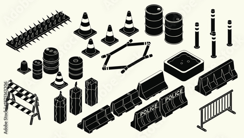 Collection of road construction barriers, police barricades, traffic cones, and safety equipment in black and white isometric illustration