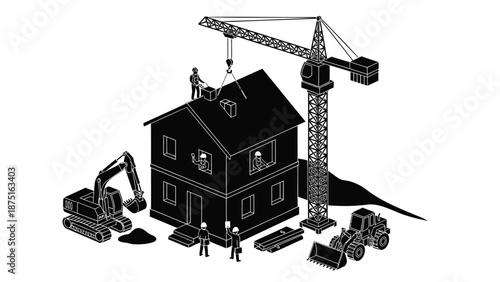 Construction site with house, crane, excavator, workers and heavy machinery, industrial building scene with people and equipment