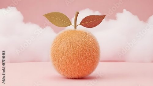 Surreal 3d illustration of an orange fuzzy fruit with leaves against a soft pink sky