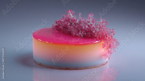 Futuristic dessert combining organic form with synthetic gloss, soft coral and pink gradients, post natural food design, modern patisserie vision