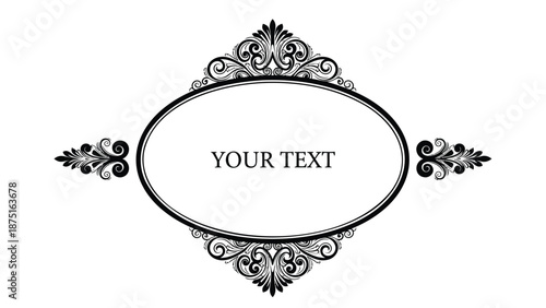 Elegant black and white ornate frame with floral design and space for text, sophisticated decorative element for graphic design projects
