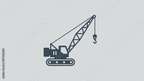 Dark blue silhouette of a construction crane with hook on a light grey background for design and industrial concepts