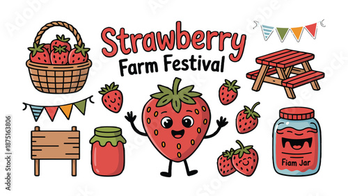 Strawberry Farm Festival: A delightful scene of a strawberry farm festival, featuring a cheerful anthropomorphic strawberry as the centerpiece, surrounded by picnic items.