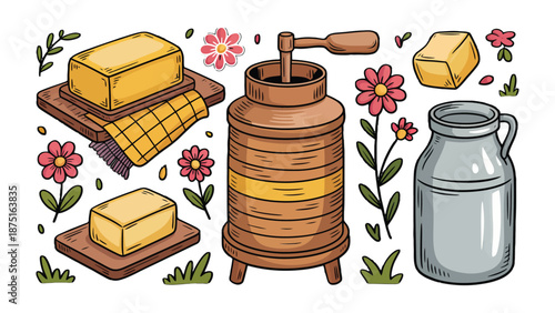 Farm Fresh Essentials: A charming illustration featuring rustic wooden butter churn, floral bloom, milk jug and pats of golden butter. Capturing the essence of homemade goodness.