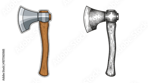 two different types of axes with wooden and metal handles
