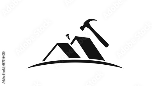Black graphic illustration of a hammer and nails on a roof with a mountain range in the background, symbolizing construction and growth