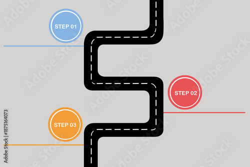 Three step roadmap infographic with curved road and colorful milestone circles for business growth, planning, and success strategy.