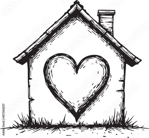 An artistic sketch of a home with a heart on the front, symbolizing love and warmth.