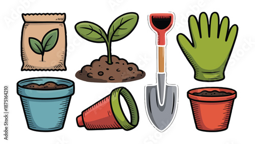Gardening Essentials Illustrated: A charming illustrated array of gardening tools, representing the essence of nurturing life from seed to harvest.
