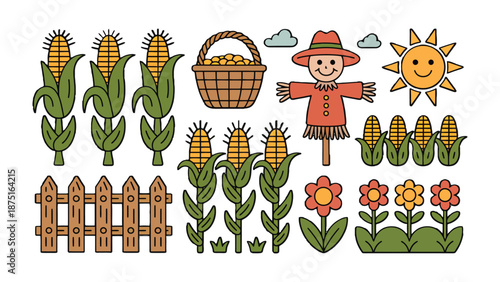 Harvest Bounty: Depicting a bountiful harvest scene, this illustration showcases rows of golden corn, a basket brimming with kernels, a friendly scarecrow, and a radiant sun.