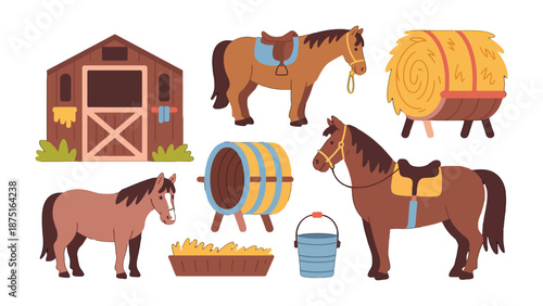 Stable Life: A charming scene of farm life, featuring a series of meticulously illustrated horses surrounded by equestrian equipment, each element radiates the simplicity and serenity of the farm.