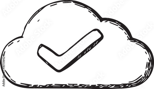 A stylized, simple illustration of a cloud symbol with a check mark, representing verification, approval, or completion.