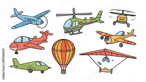 Aviation collection: Vibrant illustration of an array of air vehicles, capturing the charm and essence of aerial transportation. 
