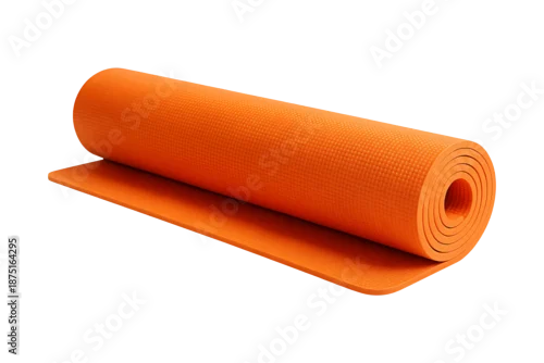 Fototapeta samoprzylepna Vibrant orange yoga mat rolled up on transparent background