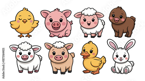Farm Animal Collection: A delightful collection of adorable cartoon farm animals, featuring a chick, pig, lamb, duckling, bunny, each radiating charm and playfulness.