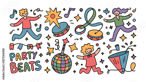 Party Beats: A cheerful illustration bursting with musical elements and lively figures in a symphony of fun and celebration.