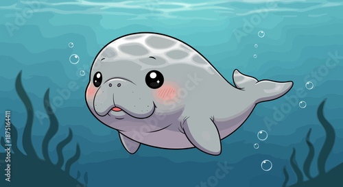 Adorable Manatee Cartoon Swimming In The Blue Ocean Illustration