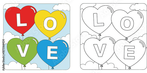 Colorful heart balloons spelling LOVE in the sky. Vector illustration with black and white coloring book page outline.