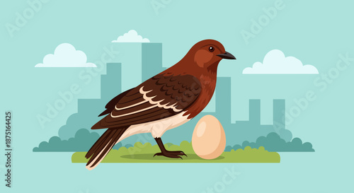 Brown Bird Guarding Egg Near Urban Landscape Flat Illustration