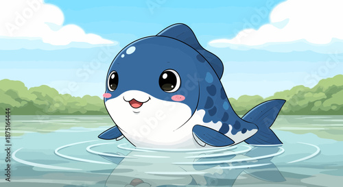 Cartoon Fish Floating In A Lake On A Bright Day