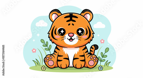 Cartoon Tiger Cub Sitting Adorable In Nature Scene Background